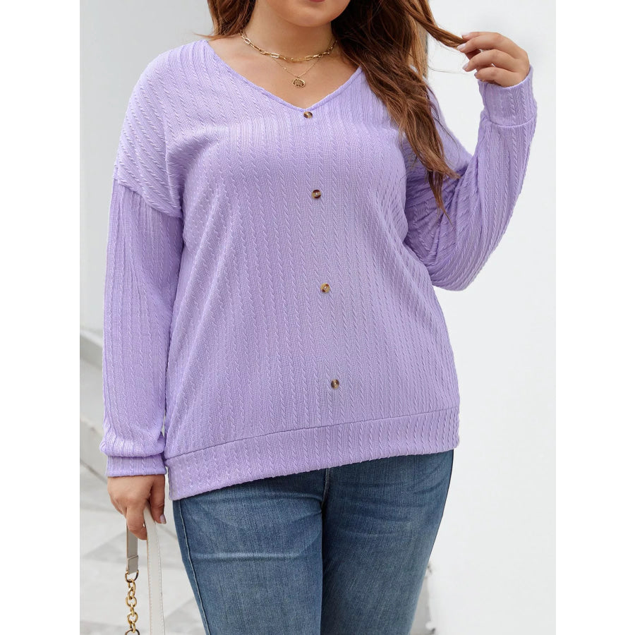 Plus Size V-Neck Dropped Shoulder Blouse Apparel and Accessories