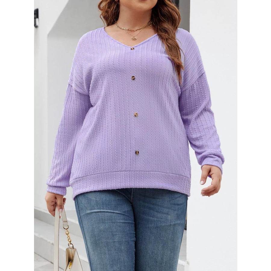 Plus Size V-Neck Dropped Shoulder Blouse Apparel and Accessories