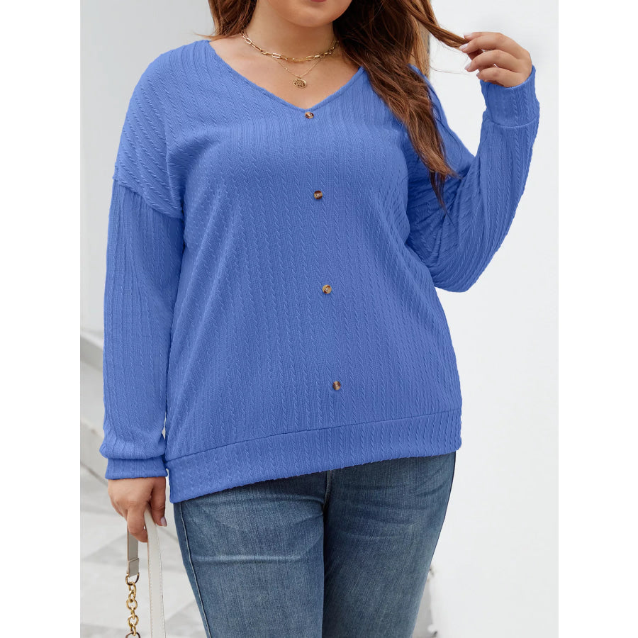 Plus Size V-Neck Dropped Shoulder Blouse Apparel and Accessories