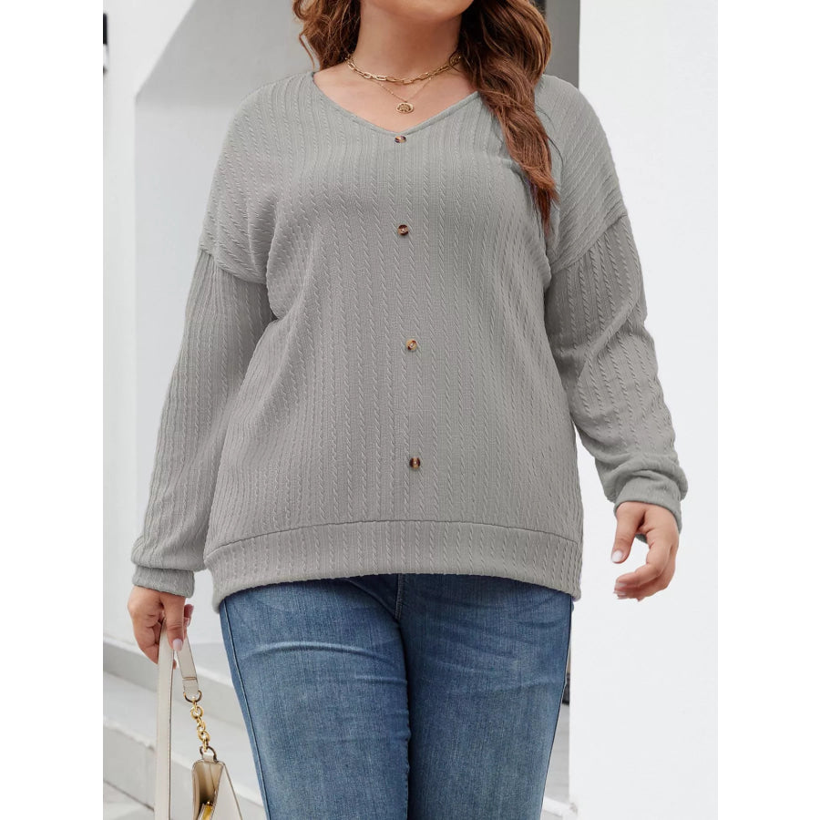 Plus Size V-Neck Dropped Shoulder Blouse Gray / XL Apparel and Accessories