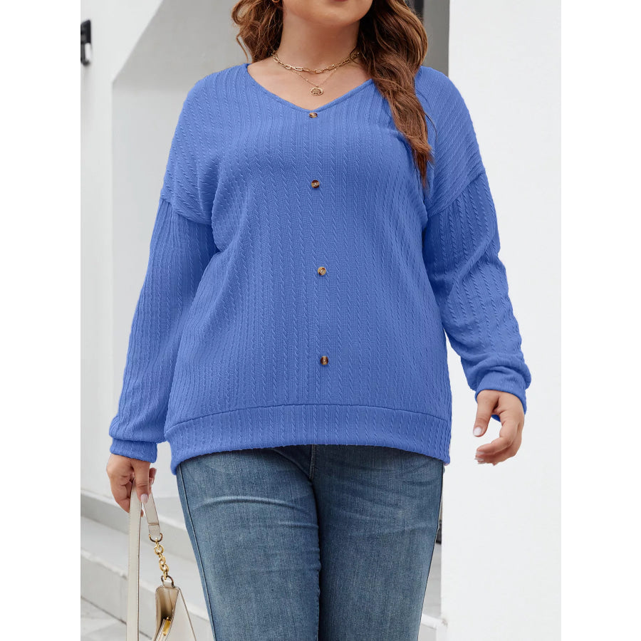 Plus Size V-Neck Dropped Shoulder Blouse Royal Blue / XL Apparel and Accessories