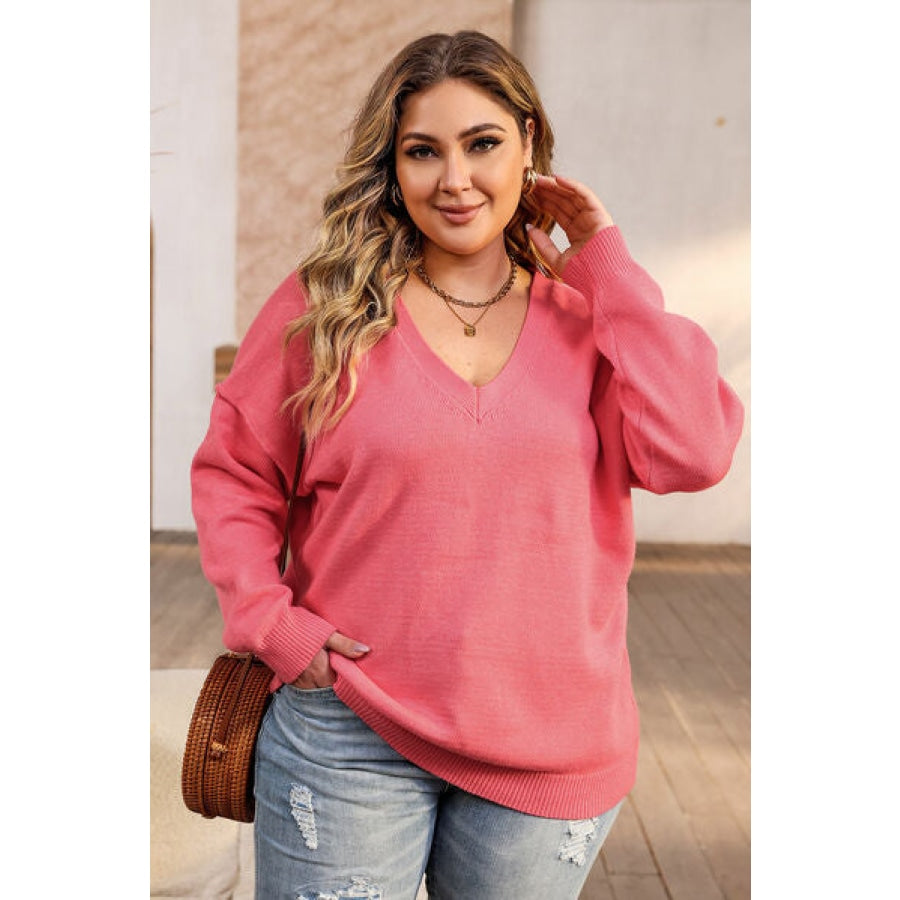 Plus Size V-Neck Dropped Shoulder Sweater Clothing