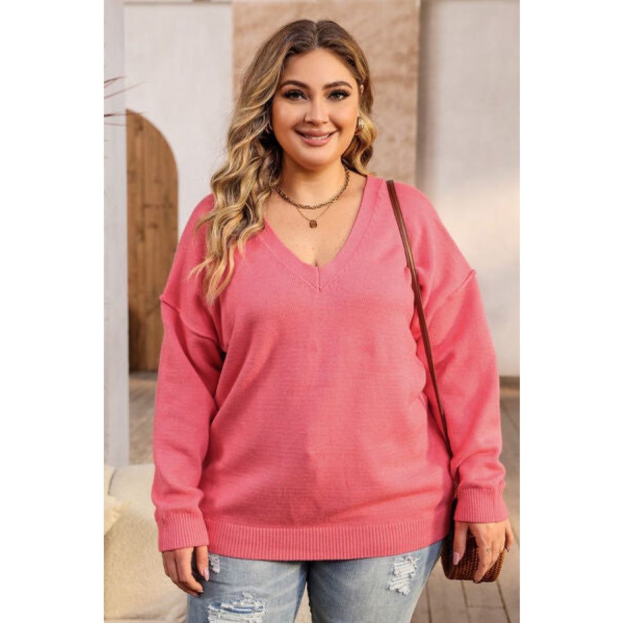 Plus Size V-Neck Dropped Shoulder Sweater Clothing