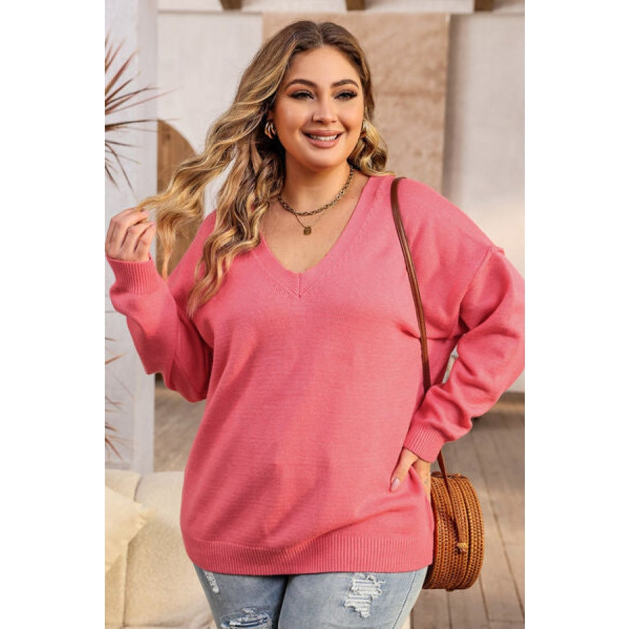 Plus Size V-Neck Dropped Shoulder Sweater Clothing