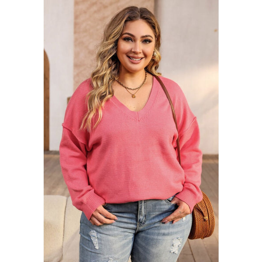 Plus Size V-Neck Dropped Shoulder Sweater Coral / 1XL Clothing