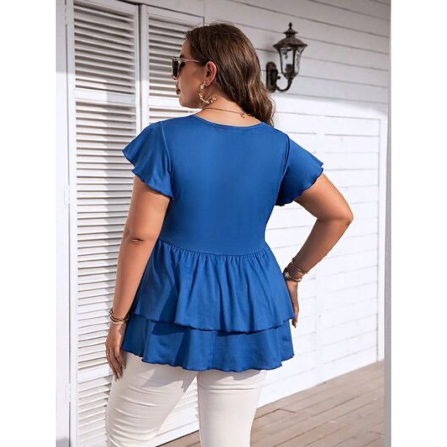 Plus Size V-Neck Flutter Sleeve Blouse Apparel and Accessories