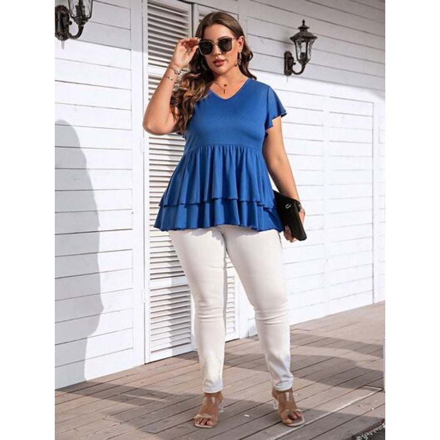 Plus Size V-Neck Flutter Sleeve Blouse Apparel and Accessories