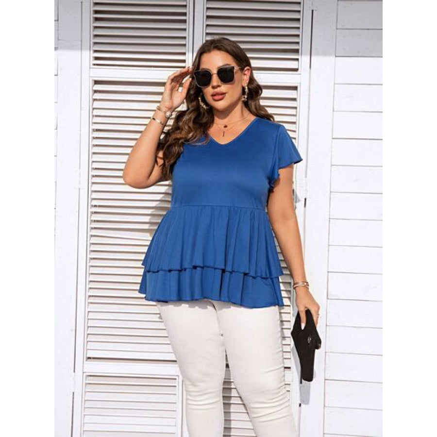 Plus Size V-Neck Flutter Sleeve Blouse Apparel and Accessories