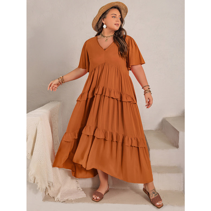Plus Size V-Neck Flutter Sleeve Maxi Dress Terracotta / 0XL Apparel and Accessories
