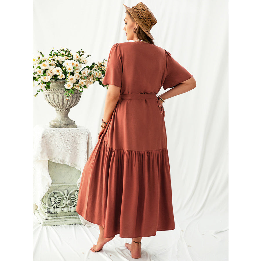 Plus Size V-Neck Flutter Sleeve Midi Dress Apparel and Accessories
