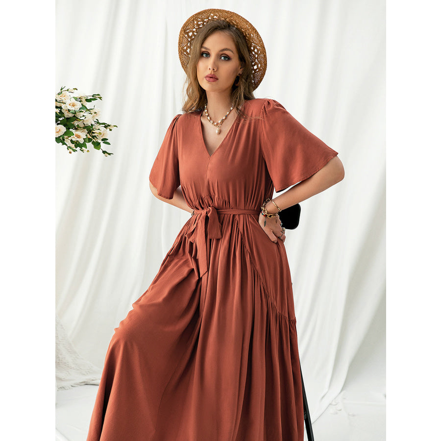 Plus Size V-Neck Flutter Sleeve Midi Dress Apparel and Accessories