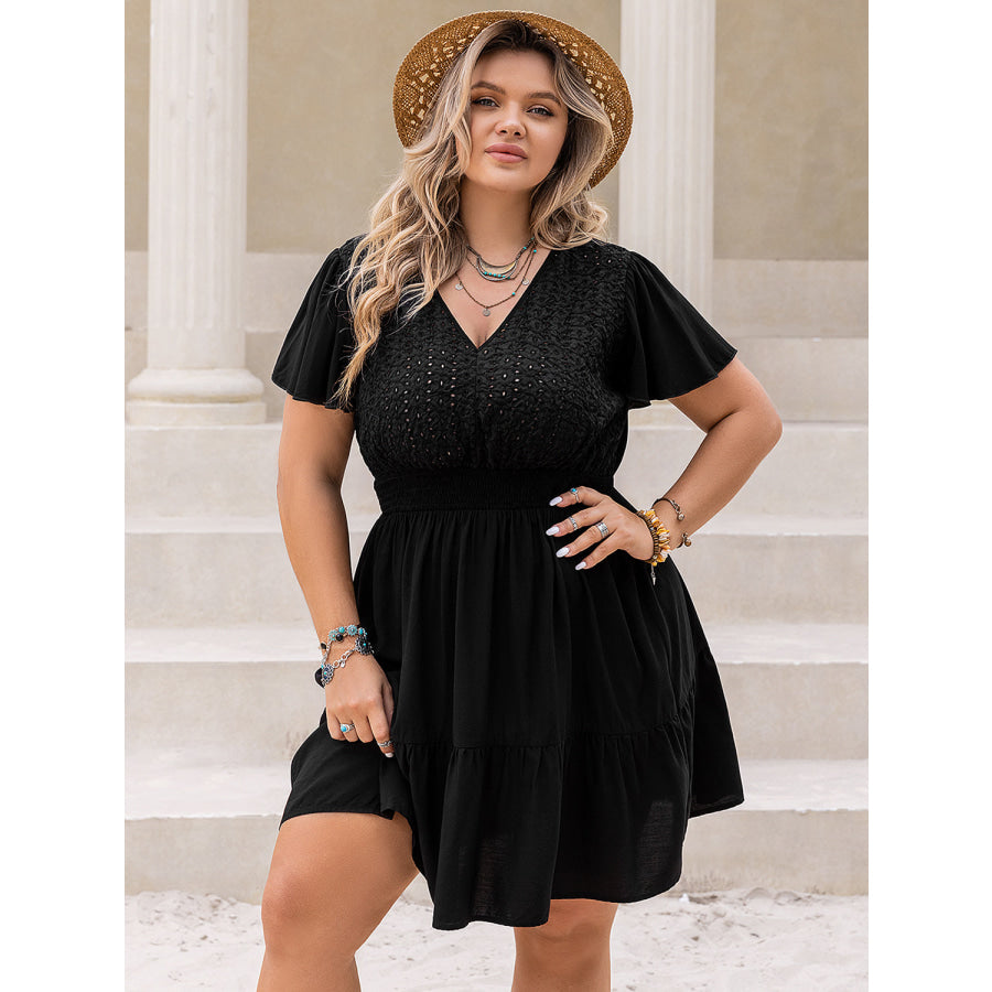 Plus Size V-Neck Flutter Sleeve Mini Dress Black / 0XL Apparel and Accessories