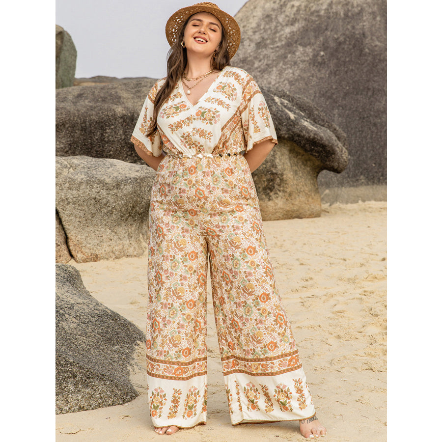 Plus Size V-Neck Flutter Sleeve Wide Leg Jumpsuit Apparel and Accessories
