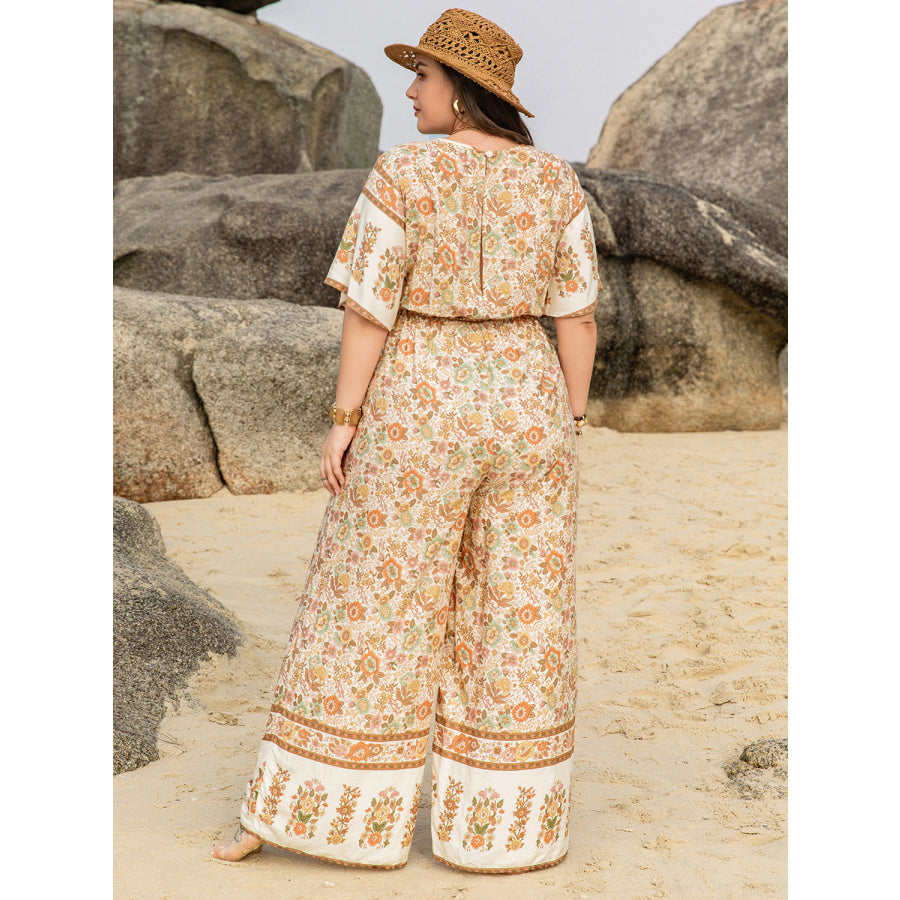 Plus Size V-Neck Flutter Sleeve Wide Leg Jumpsuit Apricot / 0XL Apparel and Accessories