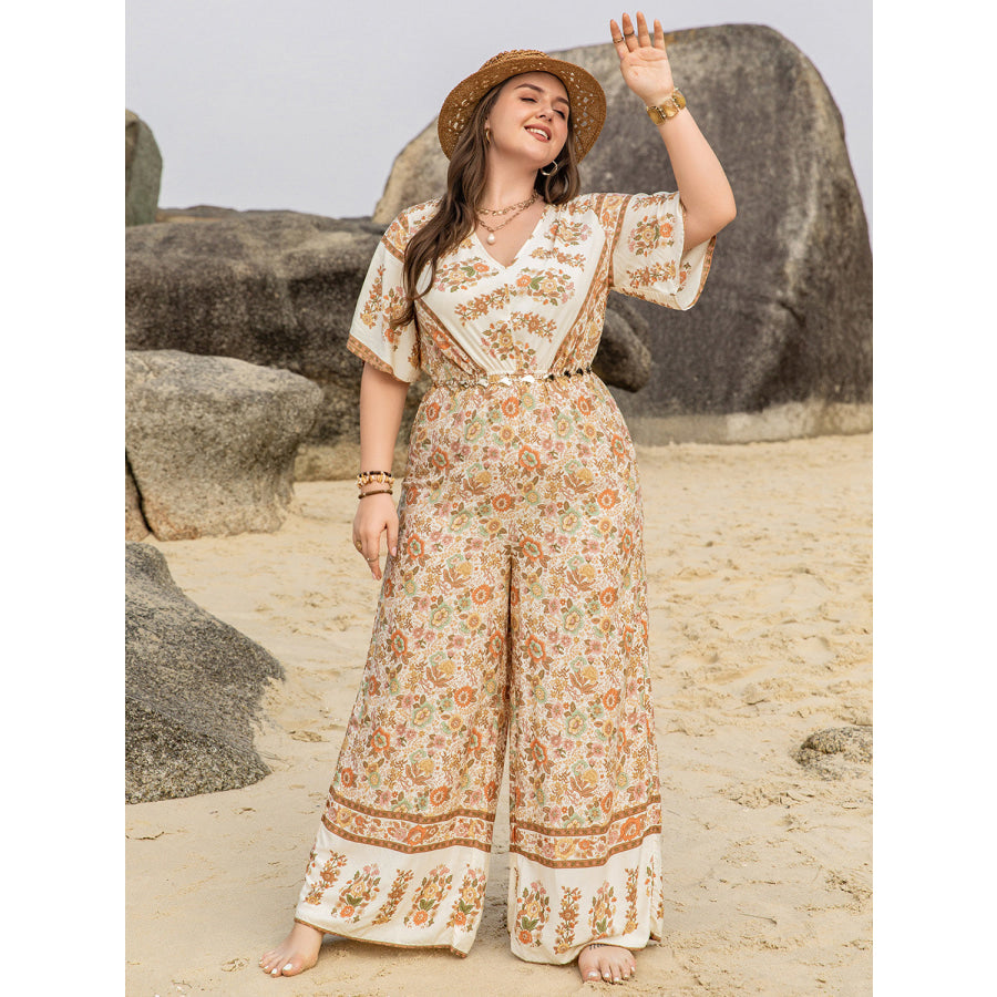 Plus Size V-Neck Flutter Sleeve Wide Leg Jumpsuit Apricot / 0XL Apparel and Accessories