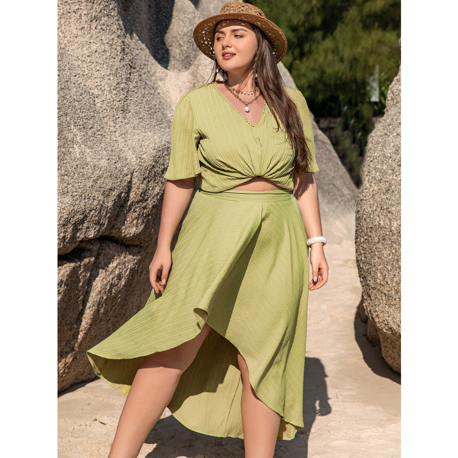 Plus Size V-Neck Half Sleeve Top and High-Low Skirt Set Yellow-Green / 0XL Dress