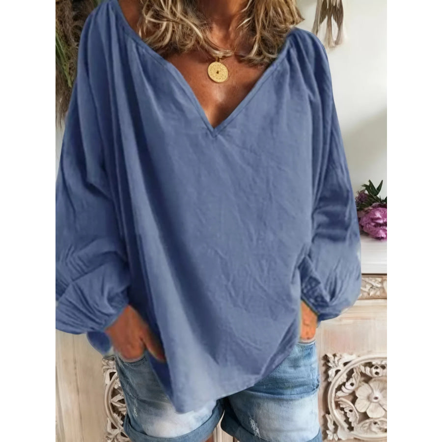 Plus Size V-Neck Long Sleeve Blouse Dusty Blue / 0XL Apparel and Accessories