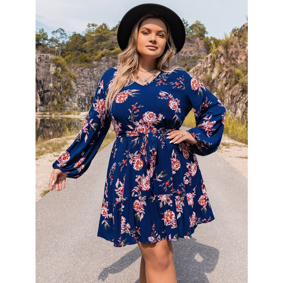 Plus Size V-Neck Long Sleeve Dress Navy / 0XL