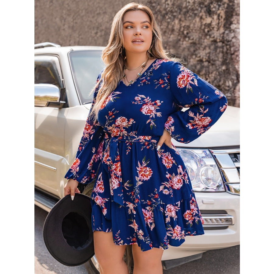 Plus Size V-Neck Long Sleeve Dress