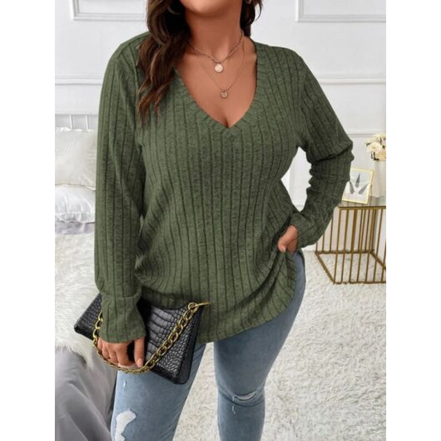 Plus Size V-Neck Long Sleeve T-Shirt Army Green / 1XL Clothing