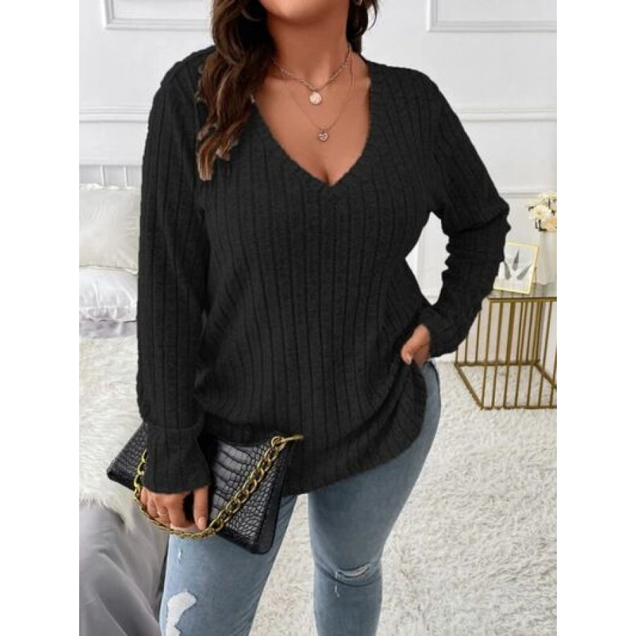 Plus Size V-Neck Long Sleeve T-Shirt Black / 1XL Clothing