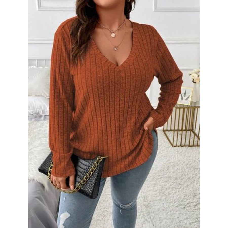 Plus Size V-Neck Long Sleeve T-Shirt Caramel / 1XL Clothing