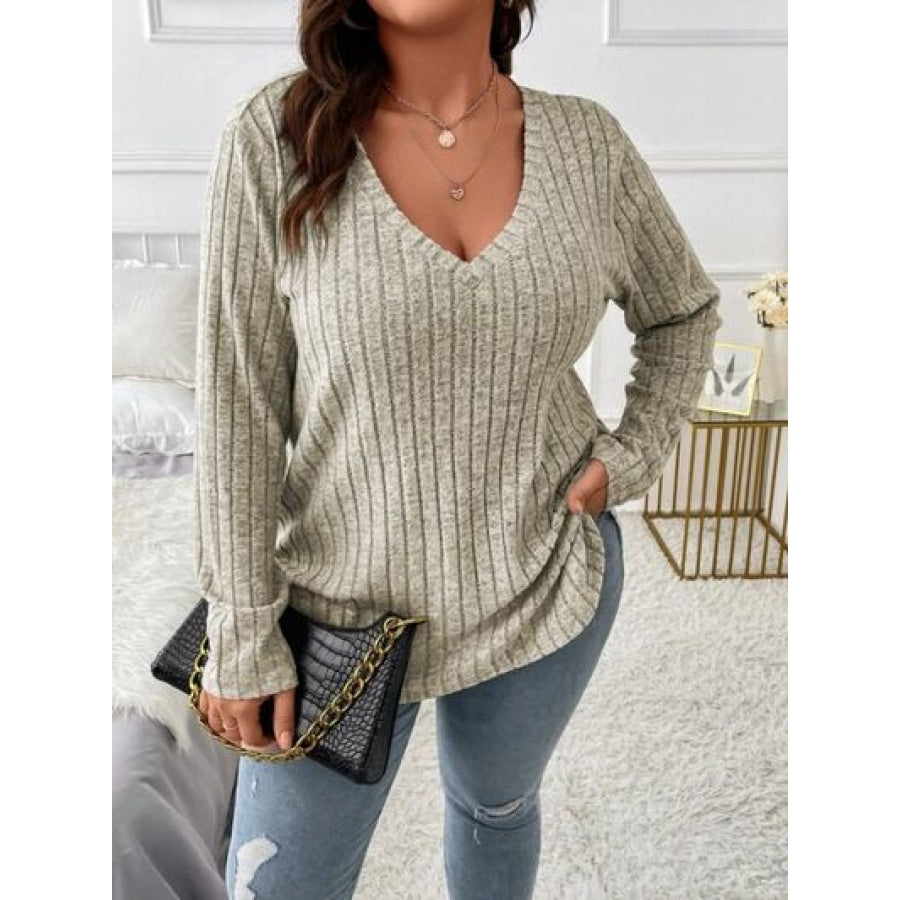 Plus Size V-Neck Long Sleeve T-Shirt Sage / 1XL Clothing