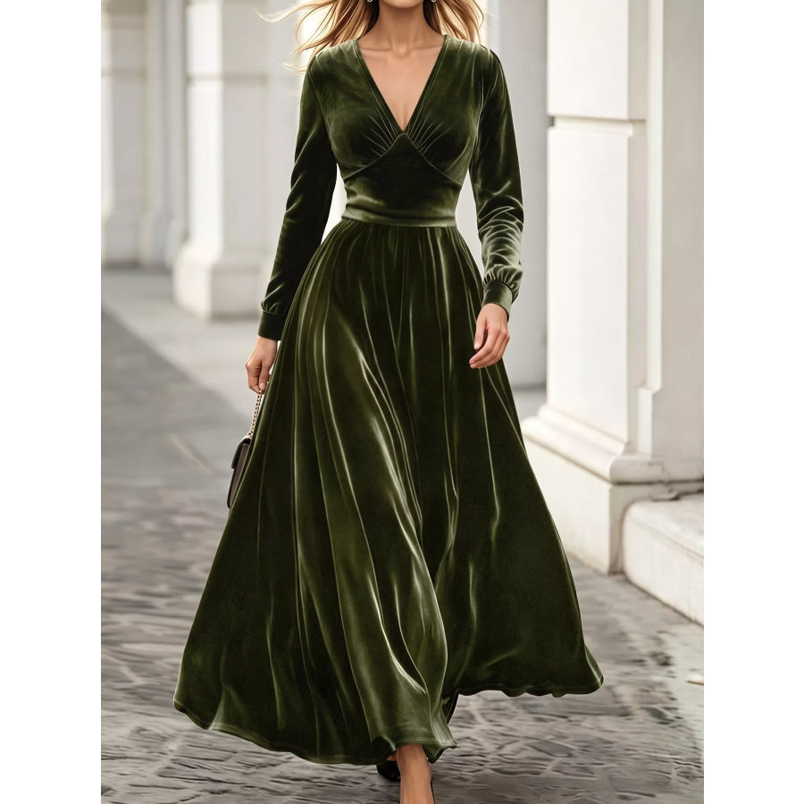 Plus Size V-Neck Long Sleeve Velvet Maxi Dress Army Green / 1XL Apparel and Accessories