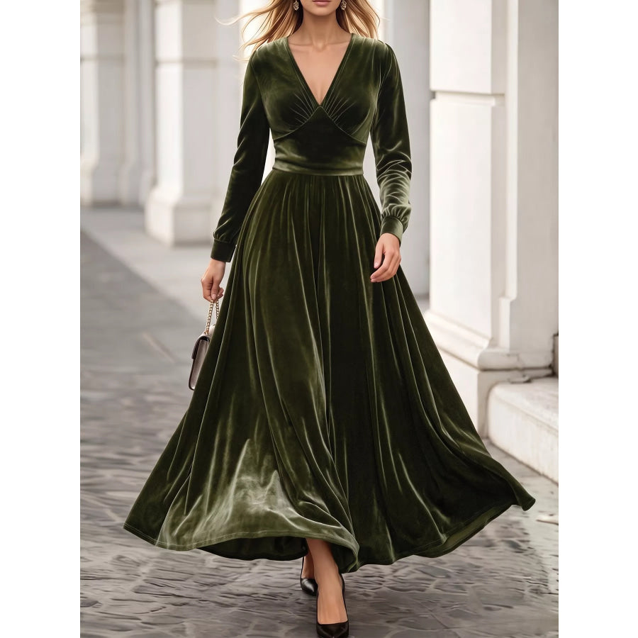 Plus Size V-Neck Long Sleeve Velvet Maxi Dress Army Green / 1XL Apparel and Accessories