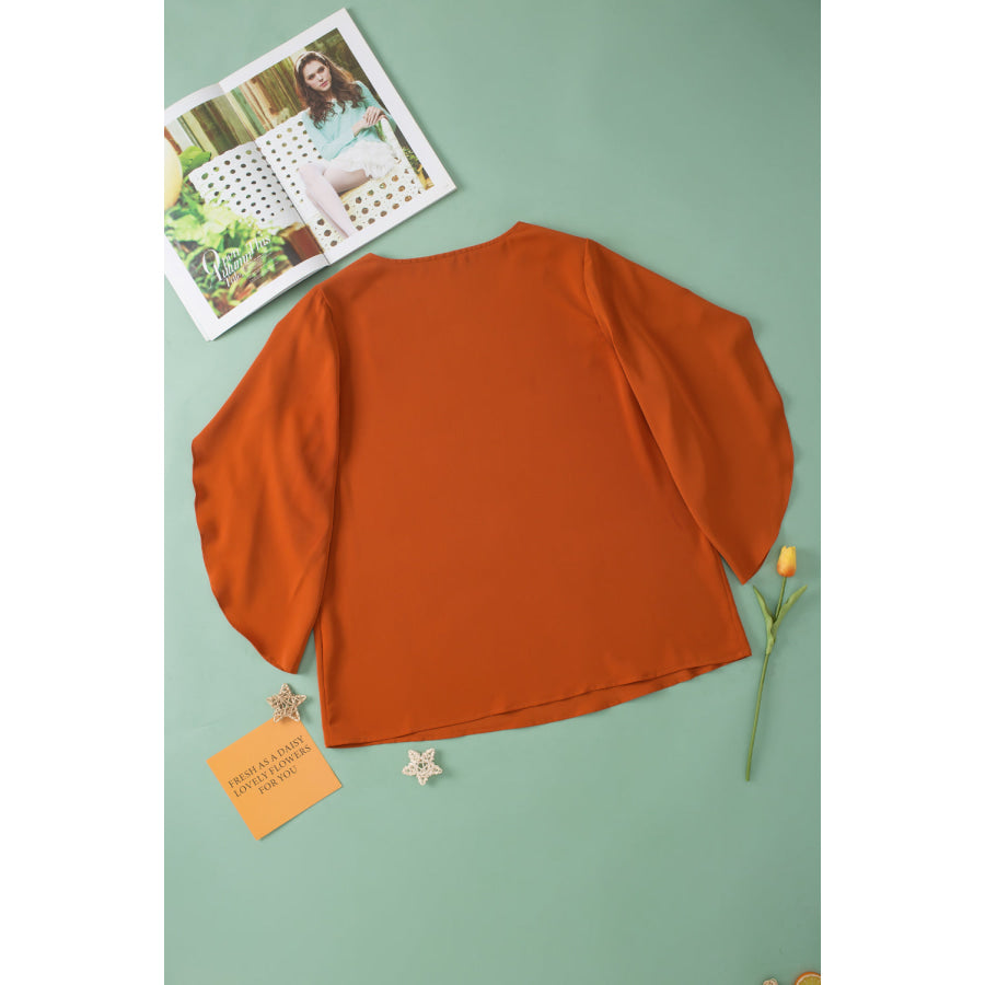 Plus Size V-Neck Petal Sleeve Blouse Caramel / 1X Apparel and Accessories