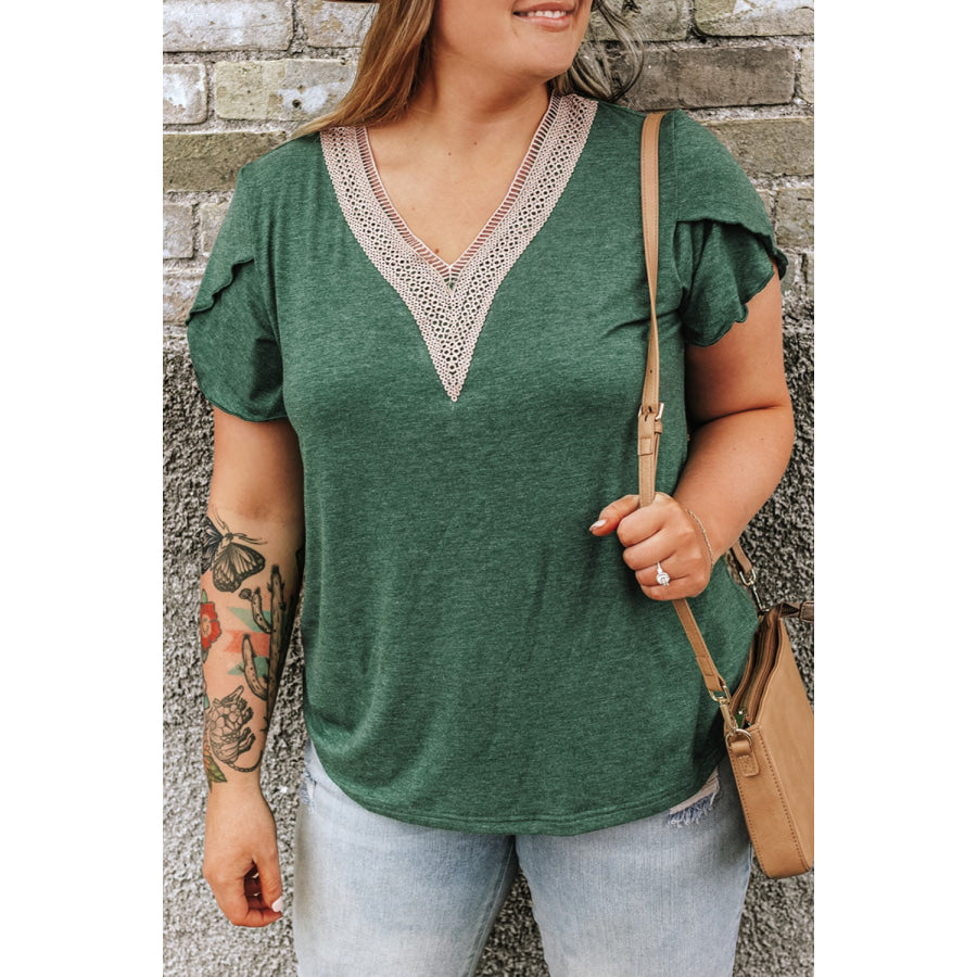 Plus Size V - Neck Petal Sleeve Blouse Green / 1XL Apparel and Accessories