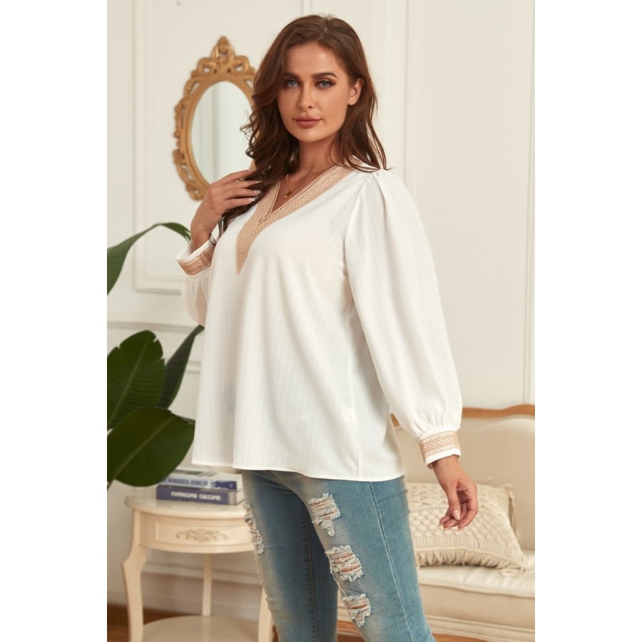 Plus Size V-Neck Puff Sleeve Blouse