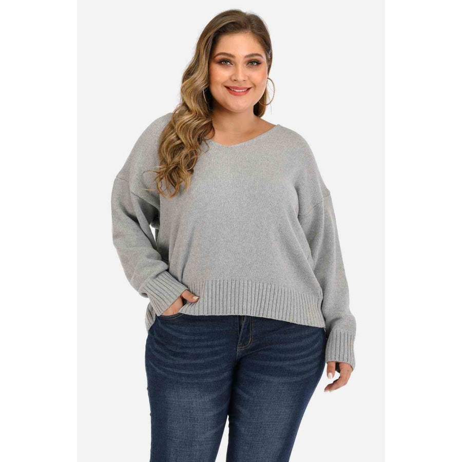 Plus Size V Neck Pullover Sweater Cloudy Blue / 1XL