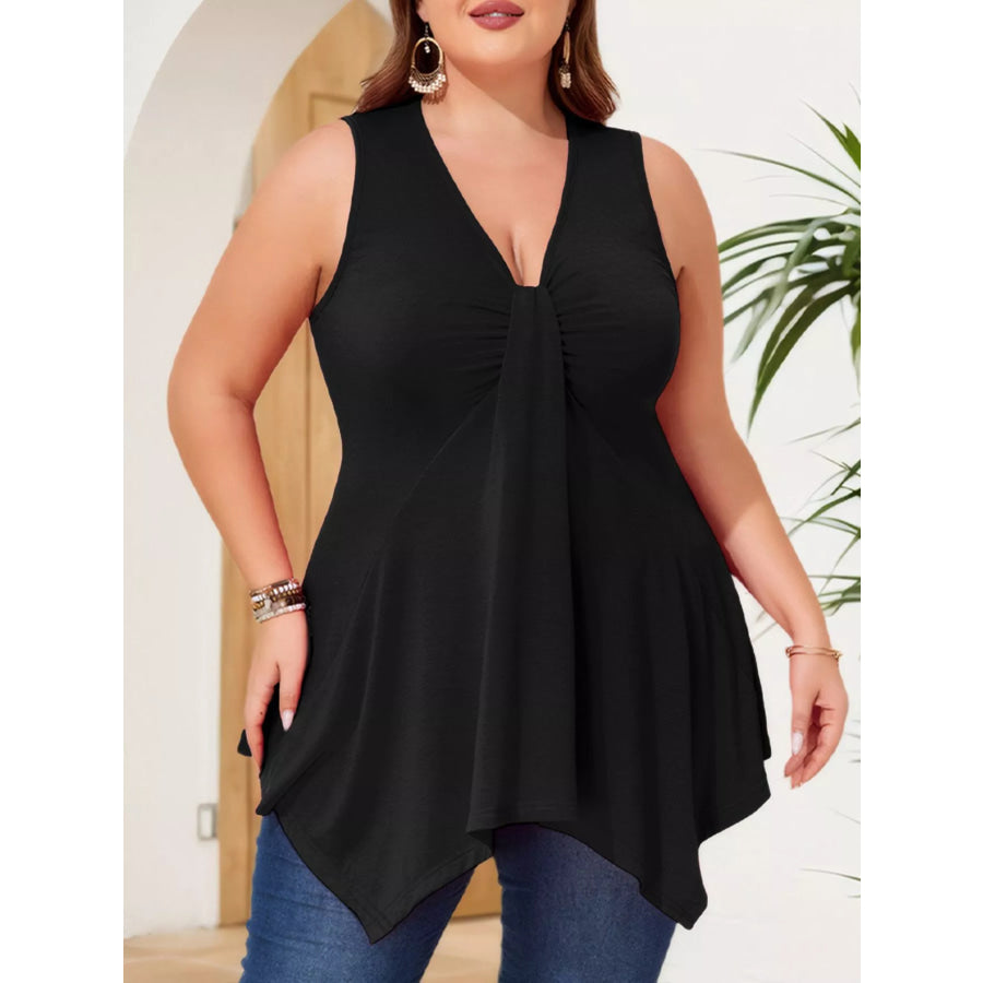 Plus Size V-Neck Ruched Flowy Tank Apparel and Accessories