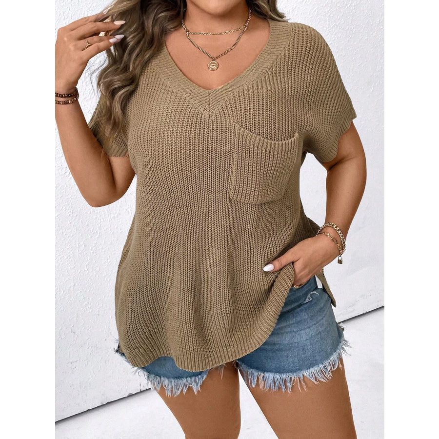 Plus Size V-Neck Short Sleeve Knit Top with Chest Pocket Apparel and Accessories