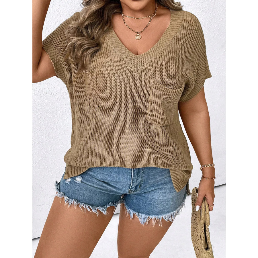 Plus Size V-Neck Short Sleeve Knit Top with Chest Pocket Apparel and Accessories
