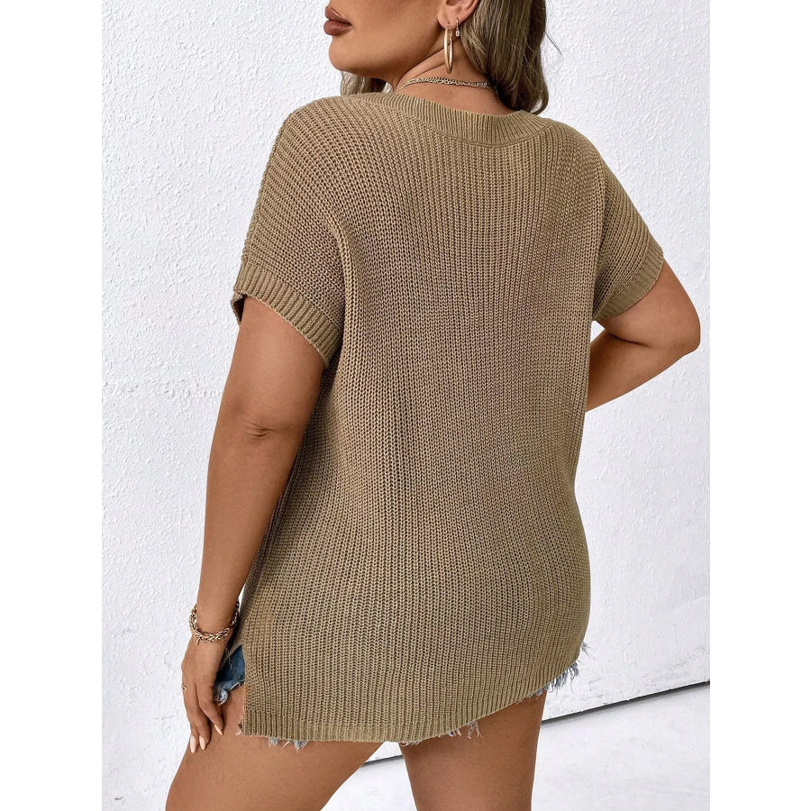 Plus Size V-Neck Short Sleeve Knit Top with Chest Pocket Apparel and Accessories