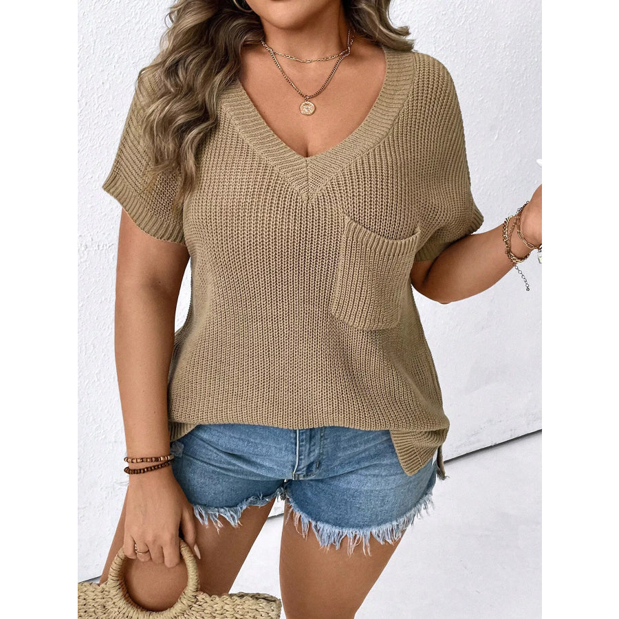 Plus Size V-Neck Short Sleeve Knit Top with Chest Pocket Brown / 0XL Apparel and Accessories