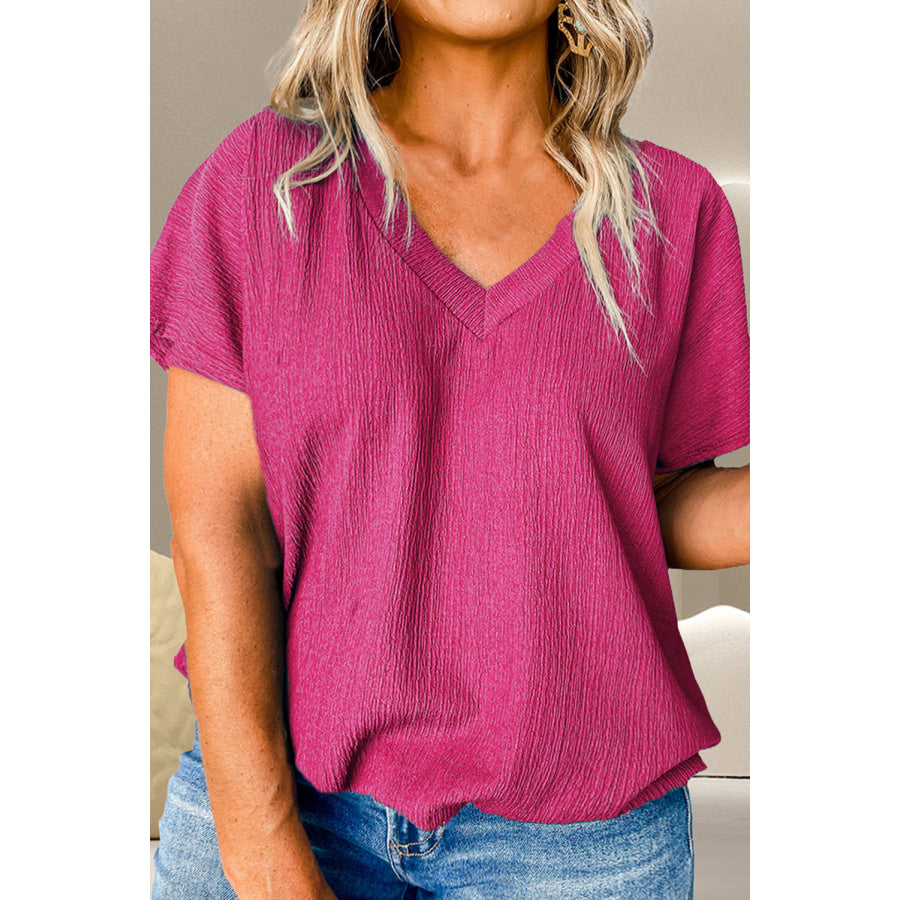 Plus Size V-Neck Short Sleeve Top Hot Pink / 1XL Apparel and Accessories