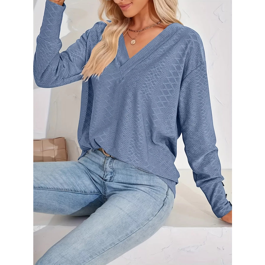 Plus Size V-Neck Textured Long Sleeve T-Shirt Apparel and Accessories