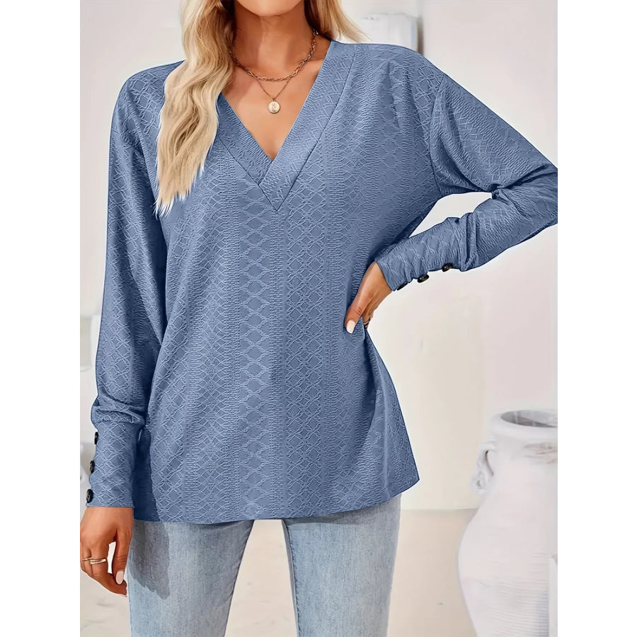 Plus Size V-Neck Textured Long Sleeve T-Shirt Apparel and Accessories