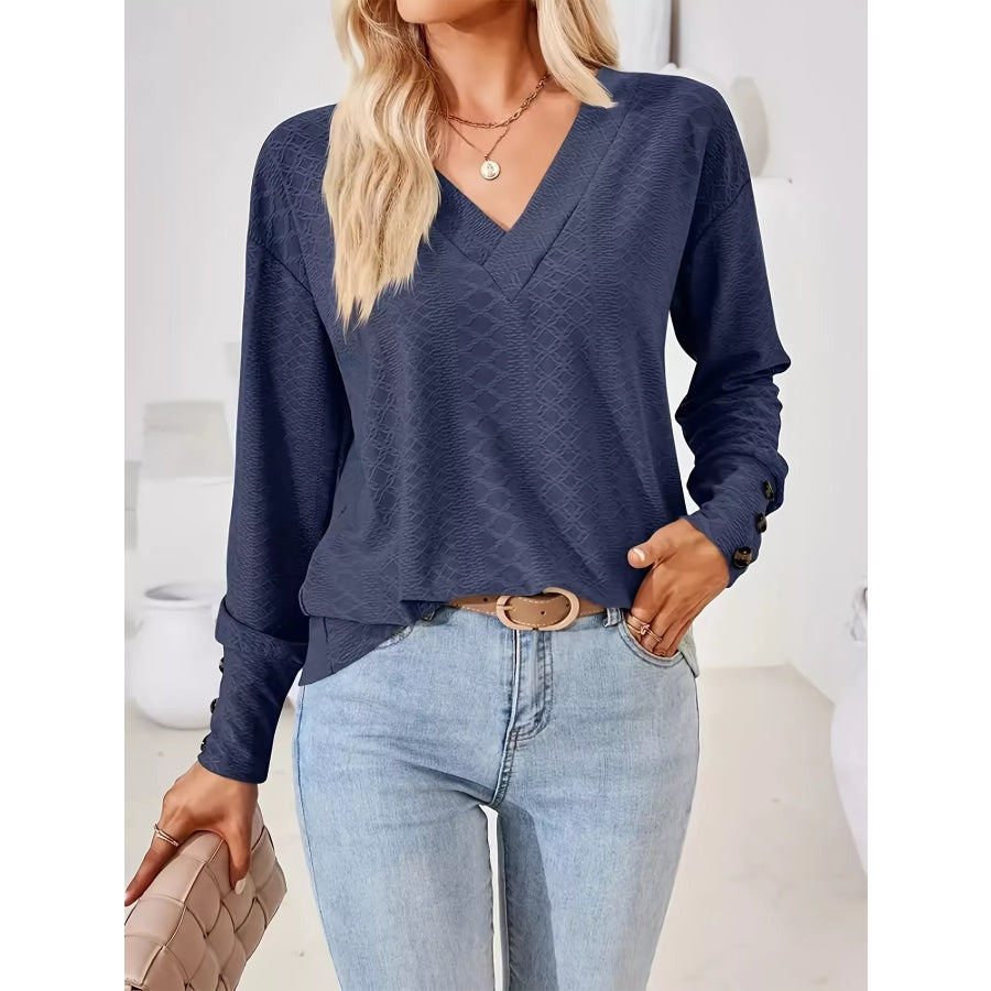 Plus Size V-Neck Textured Long Sleeve T-Shirt Apparel and Accessories