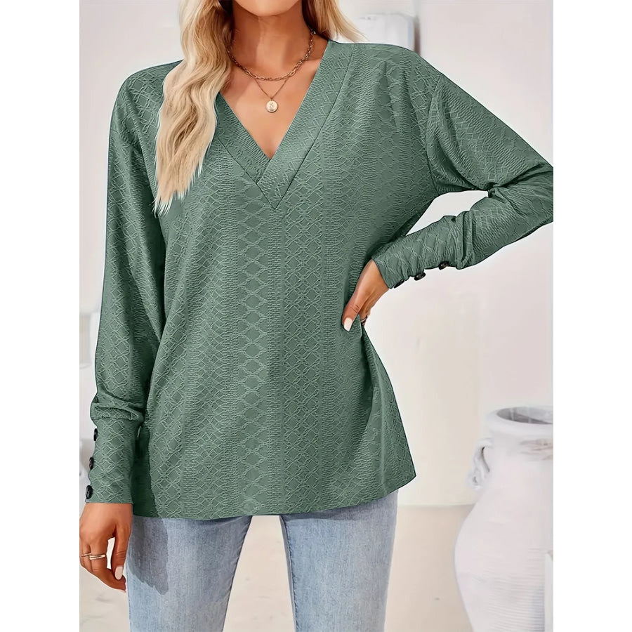 Plus Size V-Neck Textured Long Sleeve T-Shirt Apparel and Accessories