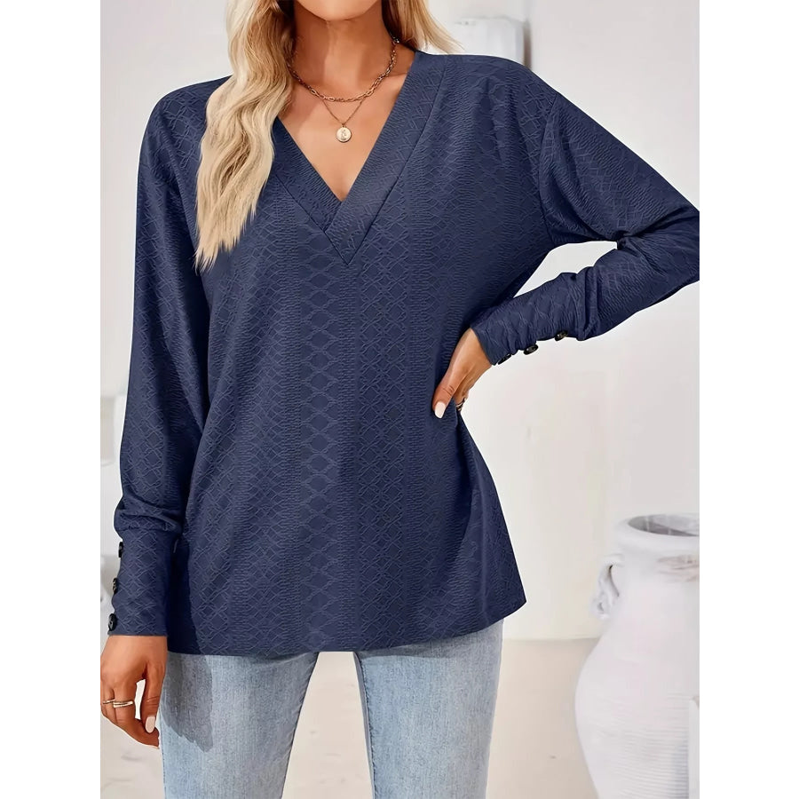 Plus Size V-Neck Textured Long Sleeve T-Shirt Apparel and Accessories