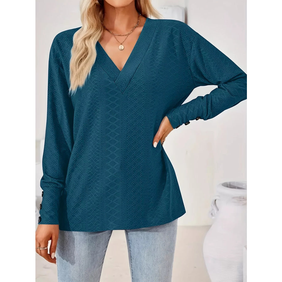 Plus Size V-Neck Textured Long Sleeve T-Shirt Apparel and Accessories