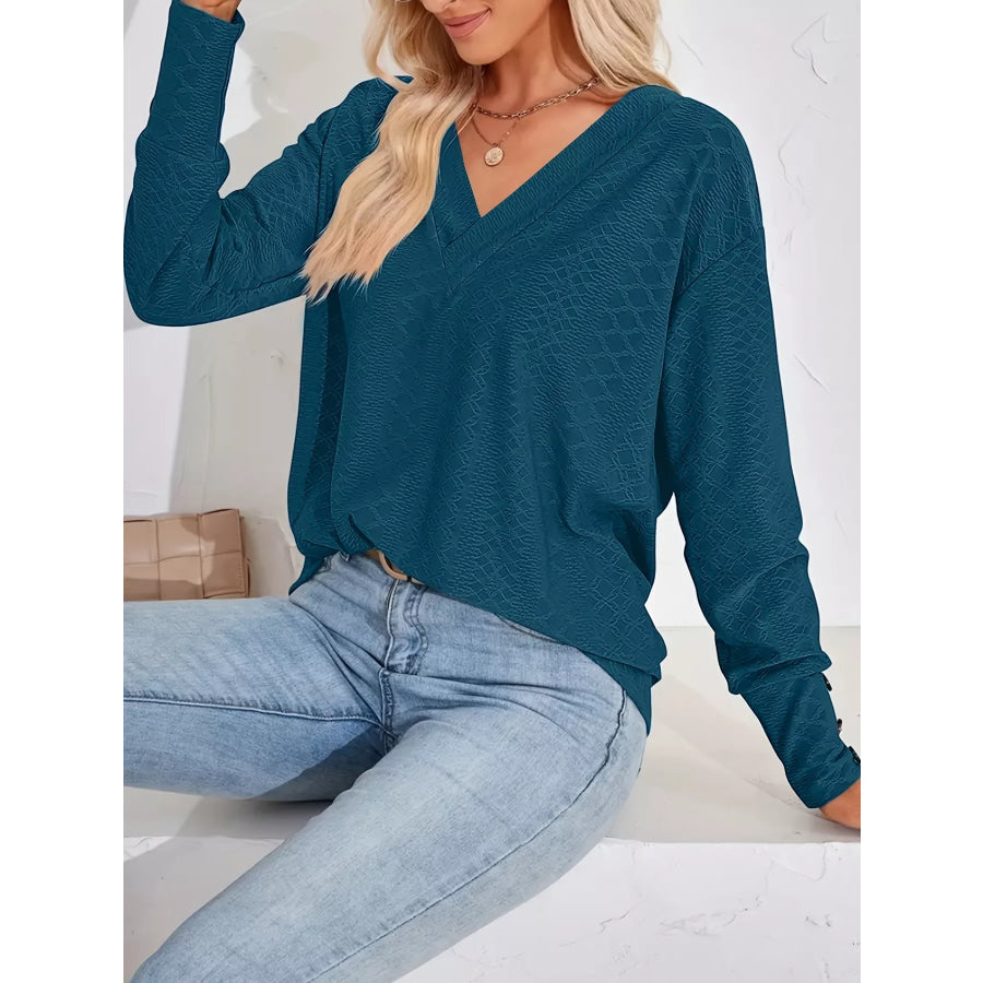 Plus Size V-Neck Textured Long Sleeve T-Shirt Apparel and Accessories