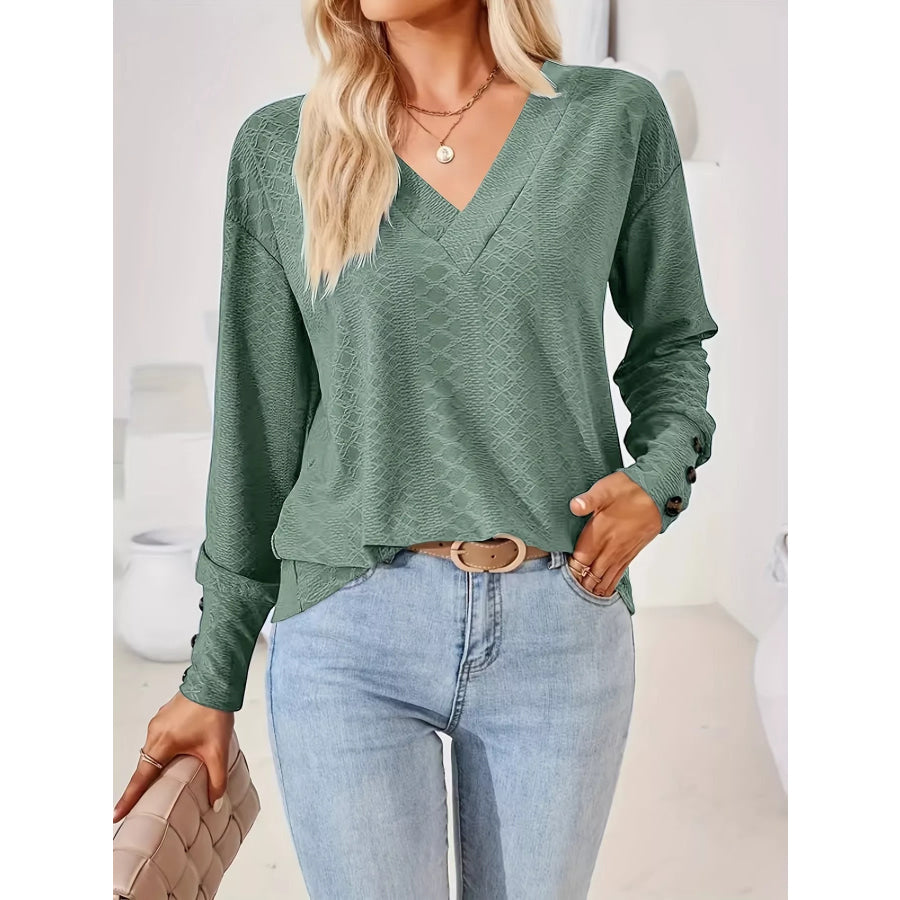 Plus Size V-Neck Textured Long Sleeve T-Shirt Apparel and Accessories
