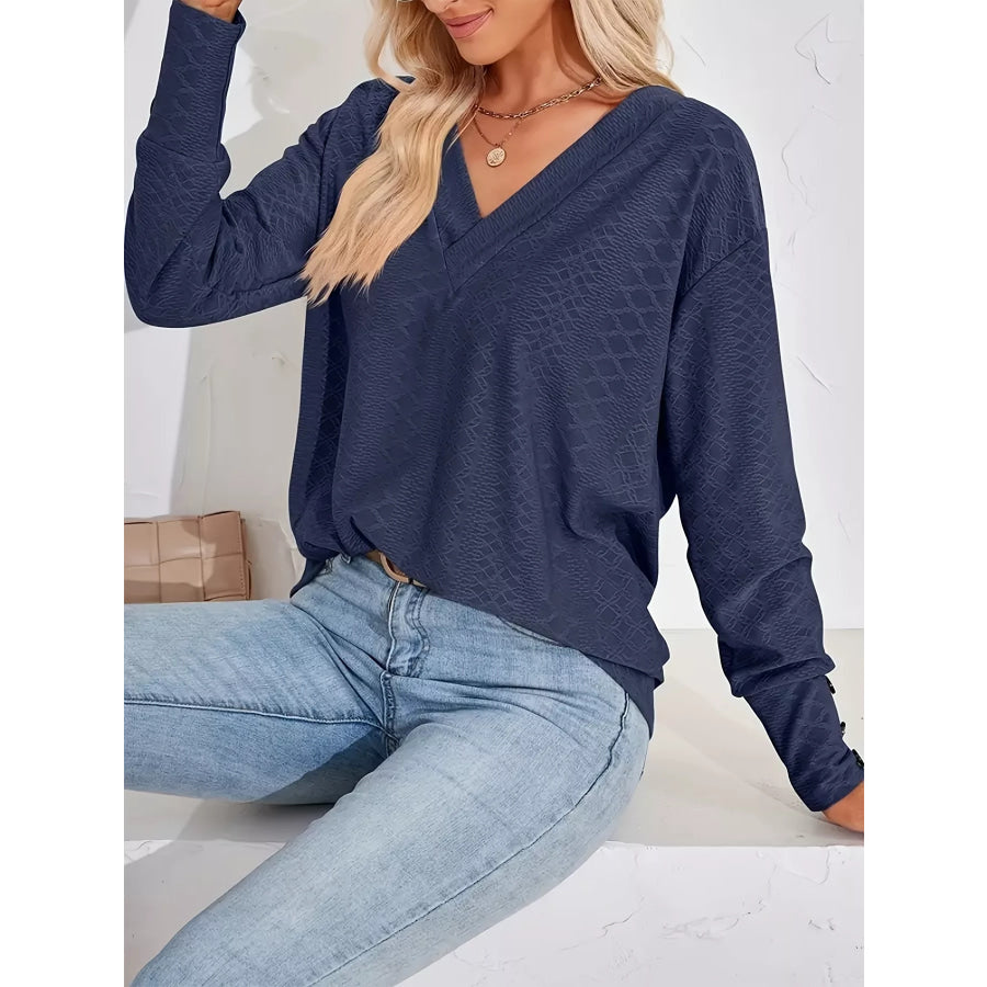 Plus Size V-Neck Textured Long Sleeve T-Shirt Navy Blue / 1XL Apparel and Accessories