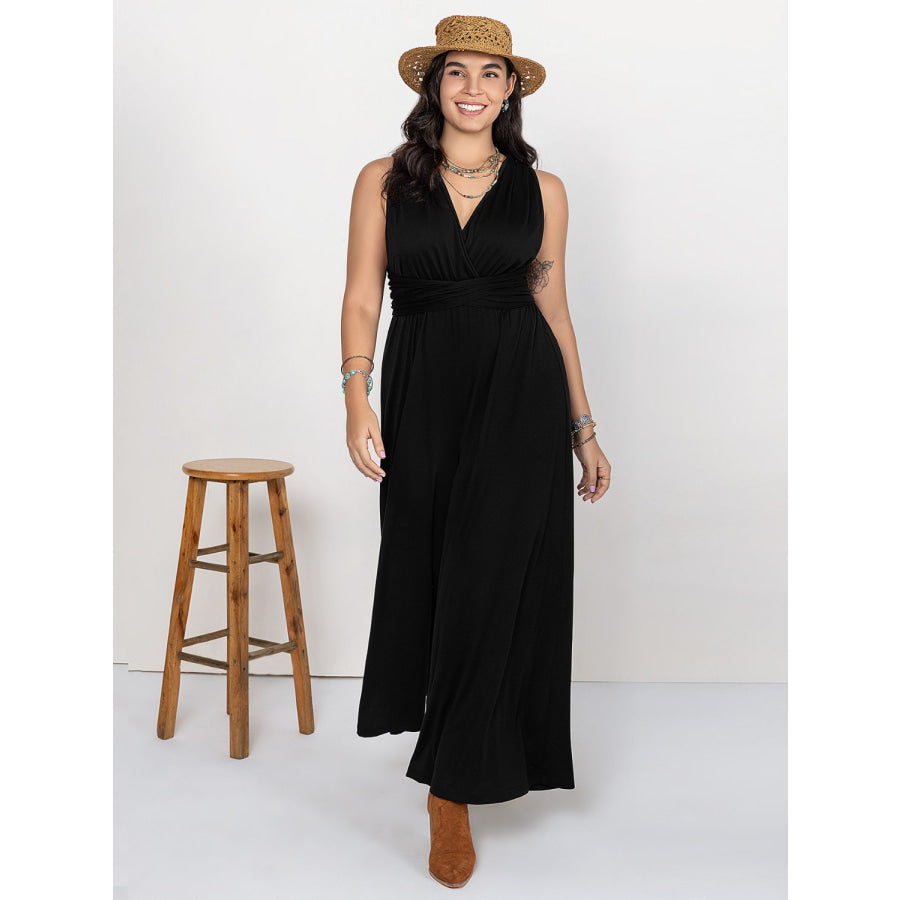 Plus Size V-Neck Wide Leg Jumpsuit Black / 0XL Apparel and Accessories