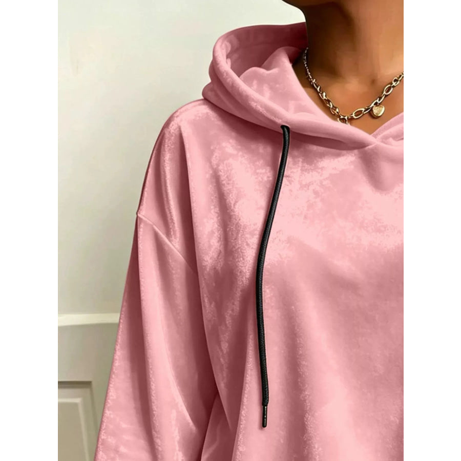Plus Size Velvet Drawstring Dropped Shoulder Hoodie Apparel and Accessories